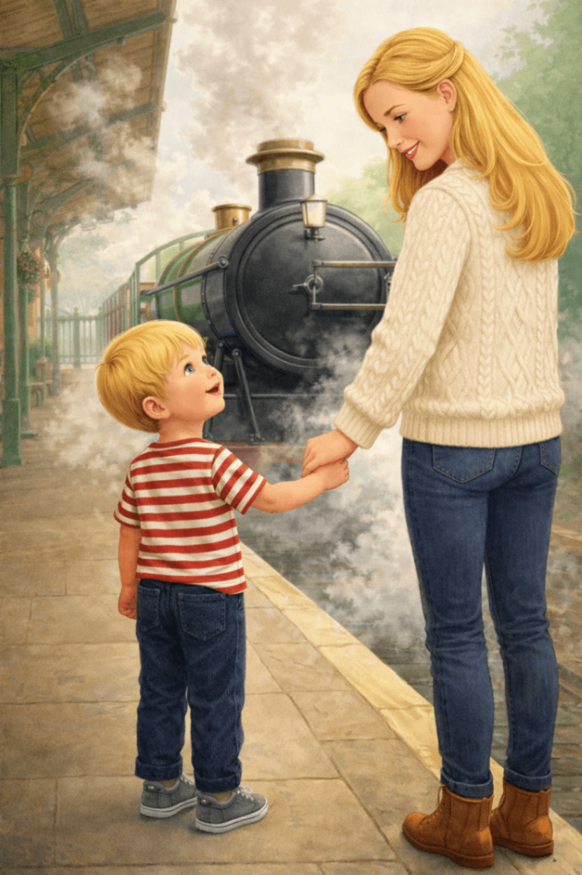 Illustrated story scene — Toddy and Mum at the train station