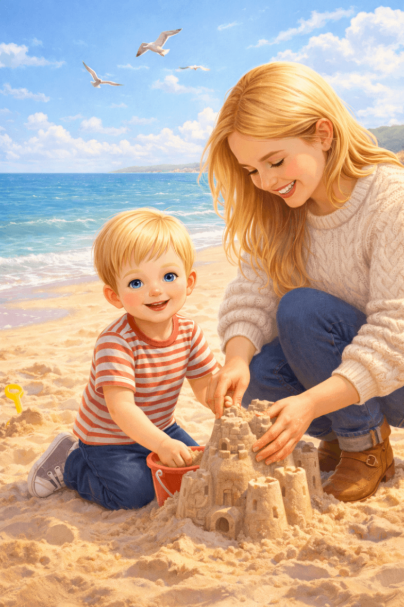 Illustrated story scene — Toddy and Mum at the seaside