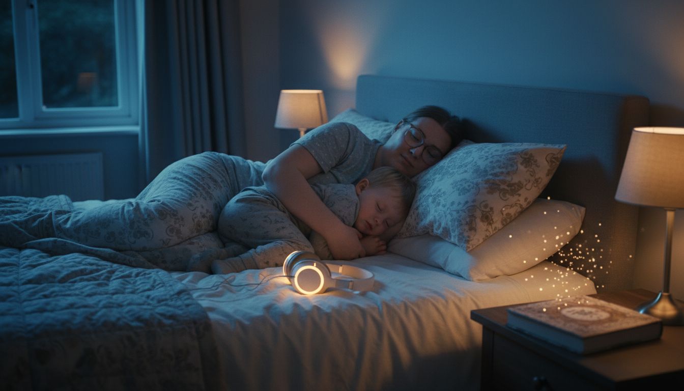 Mother and toddler asleep together with headphones after bedtime story