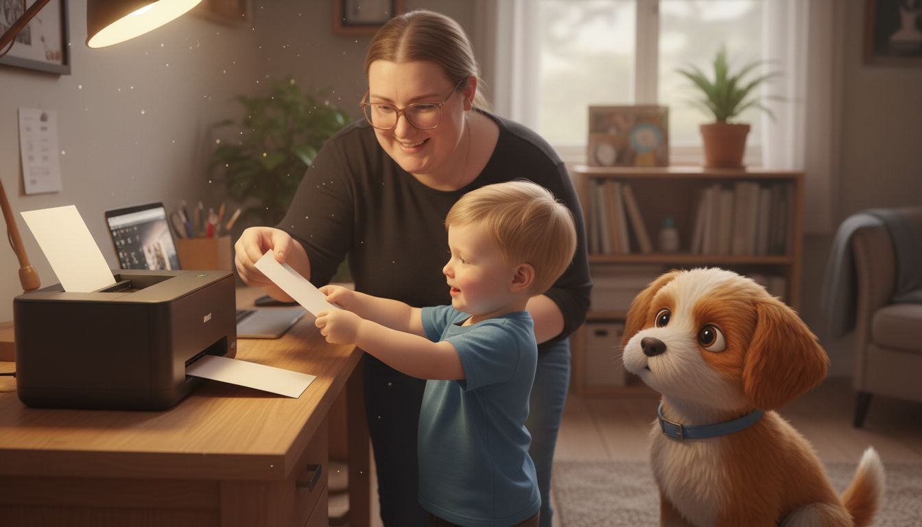 Toddler pulling printed story from printer with mother and illustrated dog