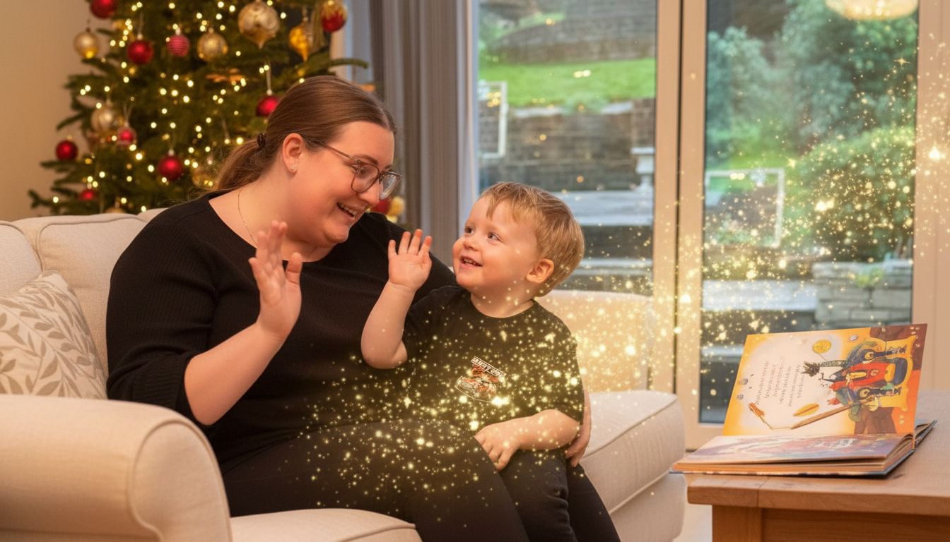 Mother and toddler laughing together with personalised story book