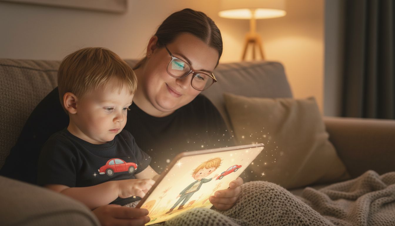Mother and toddler reading personalised story on tablet at bedtime