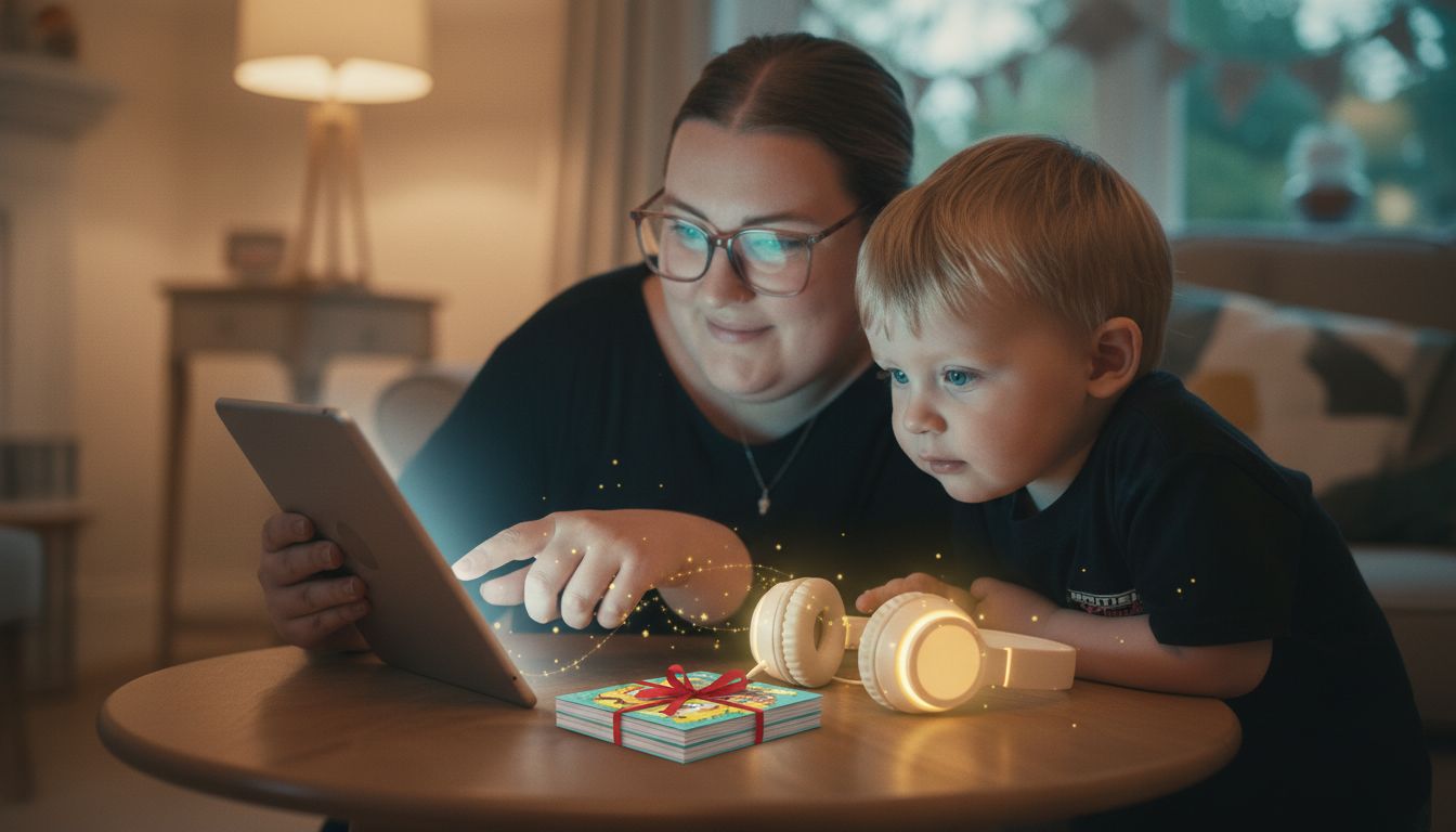 Mother and toddler looking at tablet with headphones and printed story booklet
