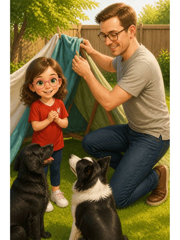 Illustrated story scene — Tilly wearing her Liverpool shirt with her brother Toddy and Dad building a garden den