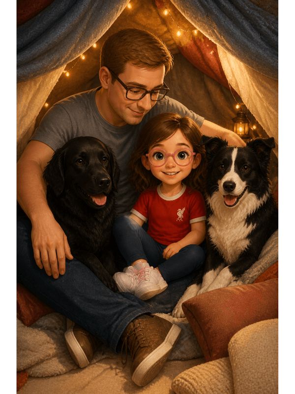 Illustrated story scene — Tilly snuggled in the garden den with her brother Toddy and their dogs Chester and Bentley