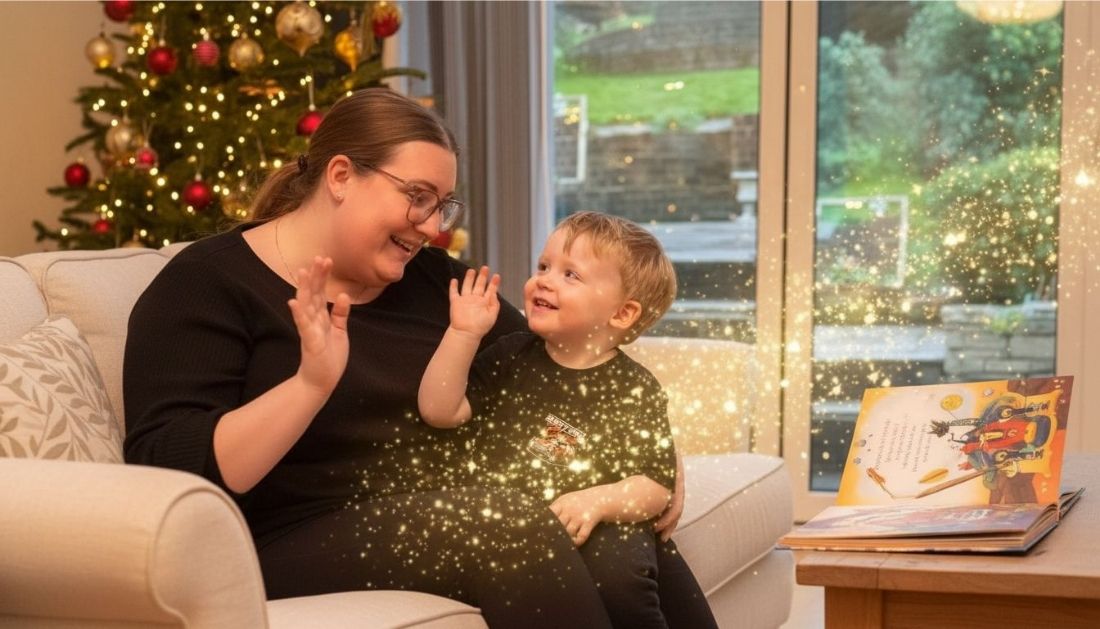 Mother and toddler laughing together with personalised story book