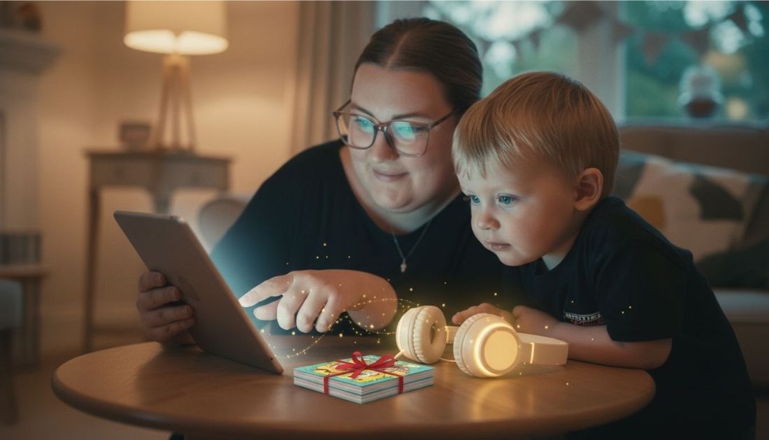 Mother and toddler looking at tablet with headphones and printed story booklet